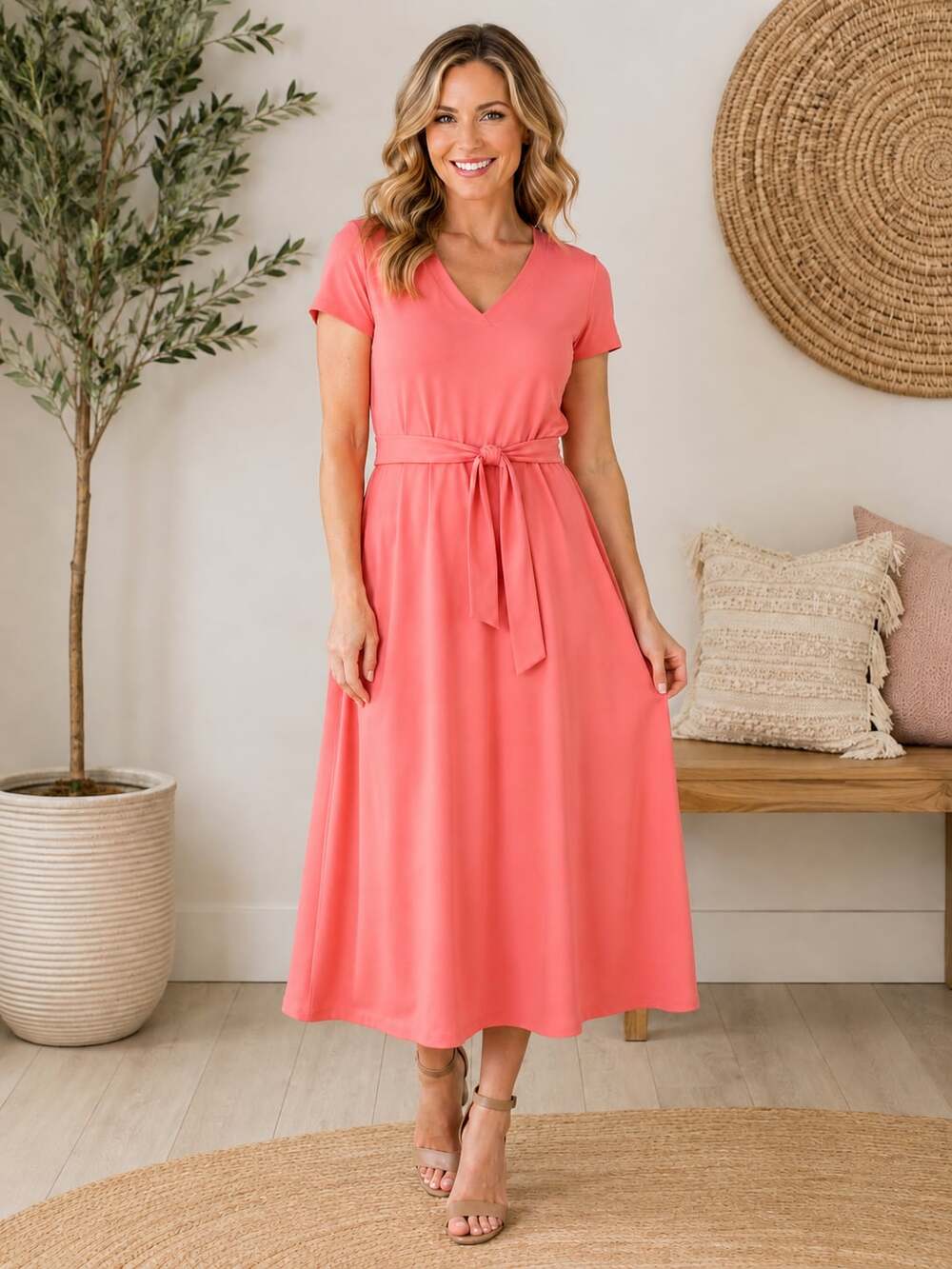Lands’ End Women’s Coral V-Neck Tie Waist A-Line Midi Dress XL 18 Stretch
